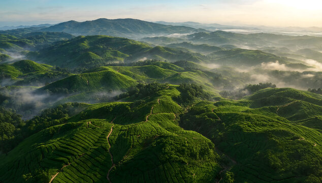Scenic view of green tea plant terraces on rolling hills with foggy valley under blue sky