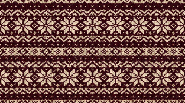 Seamless traditional Nordic knit pattern. Festive winter holiday design with snowflakes and geometric shapes in brown and beige.