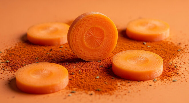 Close-up of fresh carrot slices scattered on paprika powder with dried herbs, ideal for food blogs, healthy eating and cooking recipes