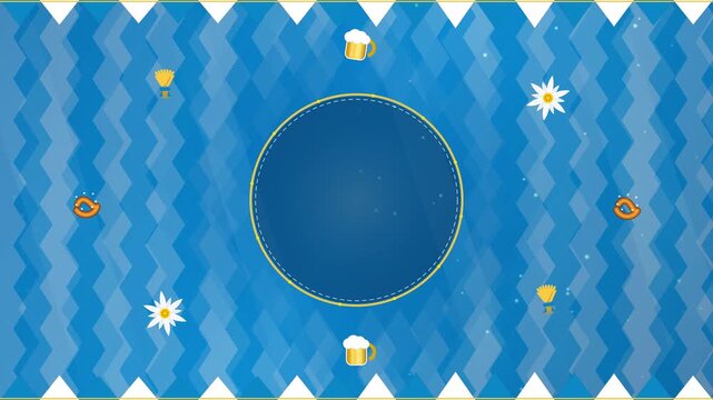 Seamless looping 4K Oktoberfest motion background with blue Bavarian diamond pattern, central circular text frame, and falling icons including beer mugs, pretzels, wheat, and edelweiss.