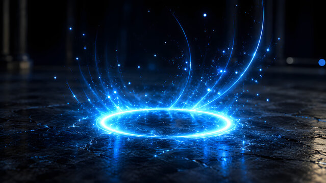 A magical blue energy portal with glowing particles and swirling light effects is emerging from a black, smooth marble surface, symbolizing imagination and creation.