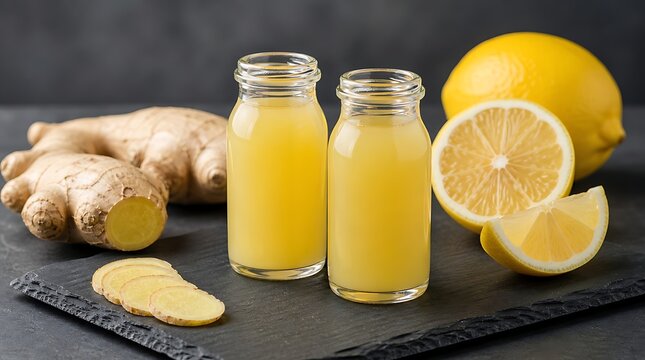 Glass bottles filled with yellow ginger lemon juice next to fresh ingredients on slate, healthy wellness concept