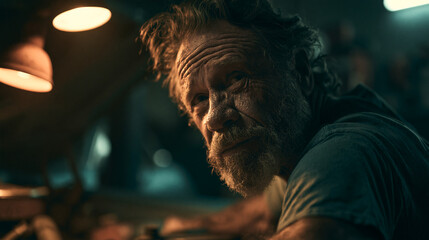 Fototapeta premium Senior mechanic looks up thoughtfully while repairing machinery in his dark workshop.
