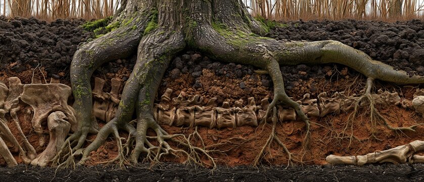 A cross section of the soil reveals a dinosaur skeleton buried beneath tree roots. Fossilized remnants in sedimentary layers are a concept in paleontology and geology.