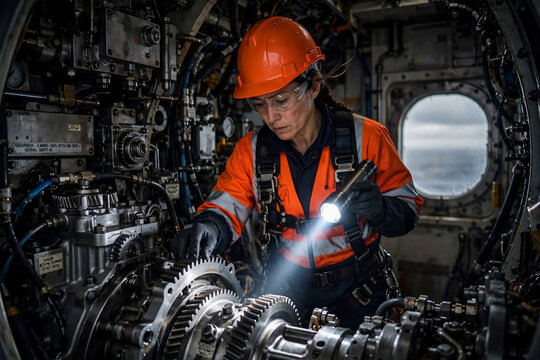 Female engineer in orange safety gear inspecting complex machinery with flashlight, indoor industrial setting, concept for heavy industry, maintenance and technical repair