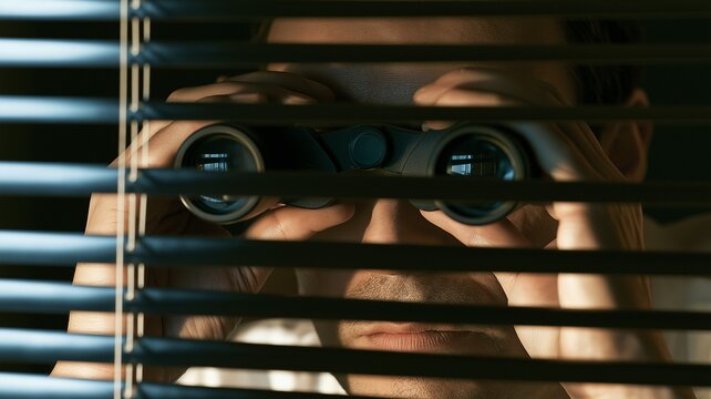 A man using binoculars to watch thru window blinds