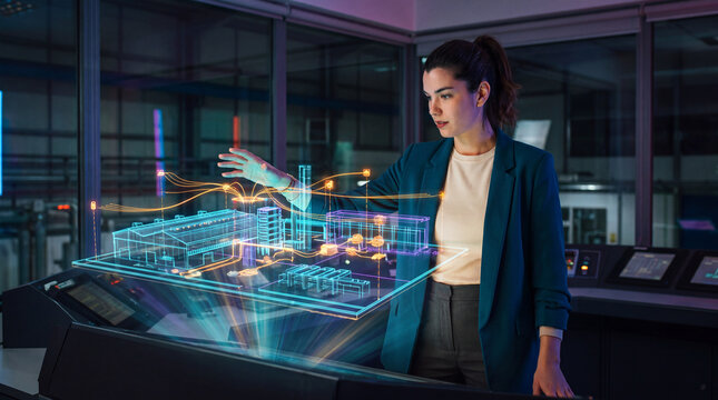 Businesswoman examining a holographic architectural facility model