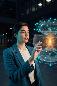 Analyst touching a holographic atomic network at night