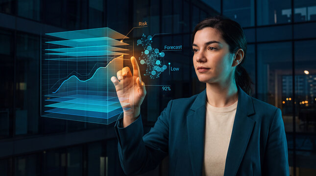 Businesswoman analyzing risk and forecast data on a holographic panel