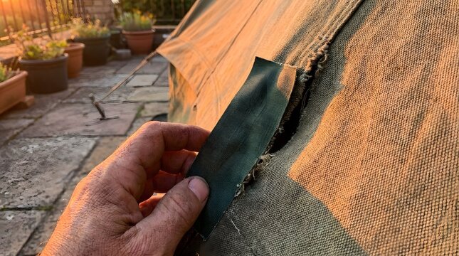 Close up of a dirty hand inspecting a large tear in a thick green canvas tent during a warm golden sunset glow.