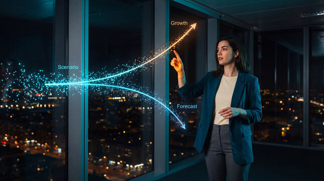 Businesswoman forecasting growth trends above a night city skyline