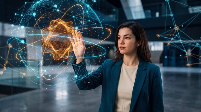 Businesswoman connecting with a holographic atomic network sphere