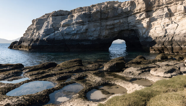 massive weathered rock arch standing above a deep-blue sea, surrounded by tiny tide pools and sea grass.