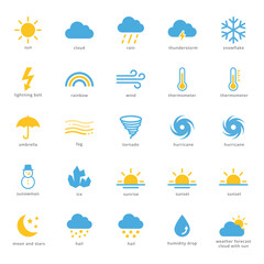 Fototapeta premium Weather Climate Flat Icon Collection - 20 Vector Forecast Sun Rain Cloud Icons Set