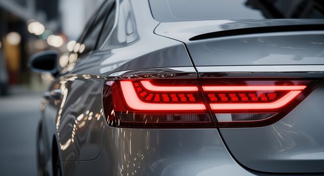 Close-up of a modern car's rear section with illuminated red taillights and sleek gray body. Parked vehicles in background with soft bokeh lighting. For automotive and tech projects.