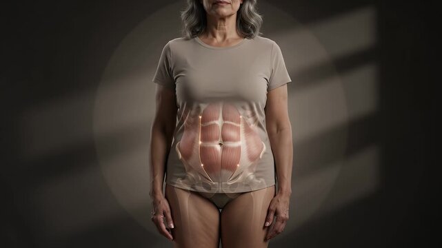 Mature woman, fitness and core muscles for health, anatomy and aging body strength. Senior person, abdominal muscles and stomach with healthy lifestyle, wellness and medical science in a studio.