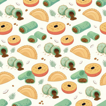 Traditional indonesian snacks jajanan pasar seamless repeatable pattern vector illustration for packaging background