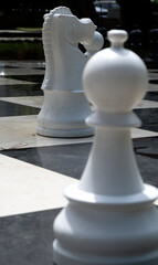 Big outdoor chess pieces on a public chessboard in a park © Maria