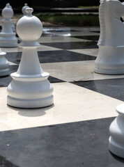 Big outdoor chess pieces on a public chessboard in a park © Maria
