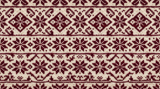 Seamless traditional Fair Isle knitted pattern background with geometric design in rich maroon red and cream wool textile texture.