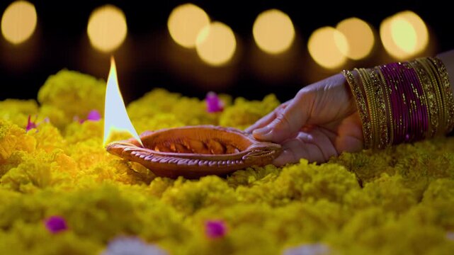 Clay diya lamps lit during diwali celebration, Diwali, or Deepavali, is India's biggest and most important holiday.