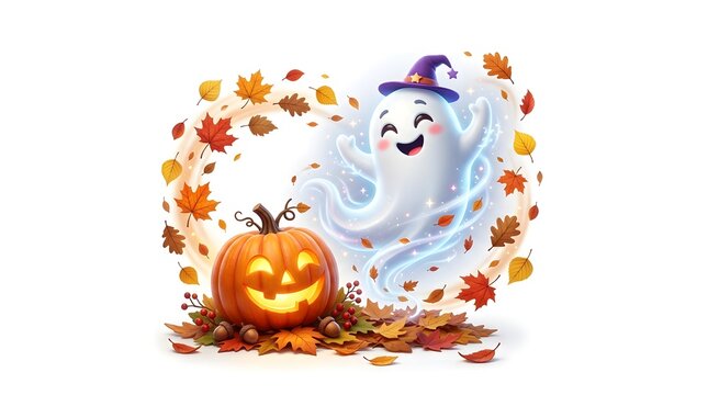 Festive halloween scene with a friendly ghost pumpkin and colorful autumn leaves