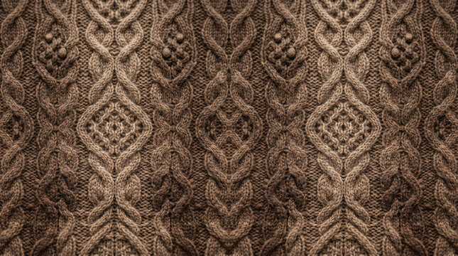 Warm brown seamless cable knit wool sweater pattern background. Knitted textile texture with traditional weave design.