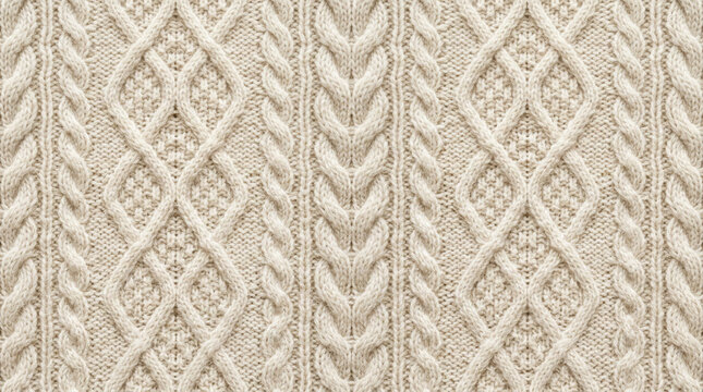 Elegant cream cable knit wool pattern. Close-up of intricate knitted fabric texture, natural off-white textile background for cozy designs.