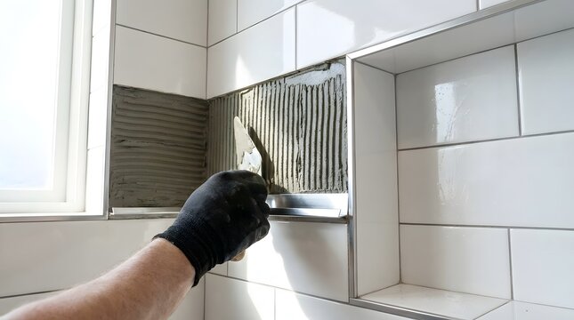 Tiler hand in glove applying adhesive mortar to a bathroom wall for white tiles near a niche and bright window