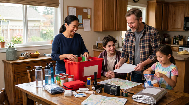 Family preparing emergency kit at kitchen table