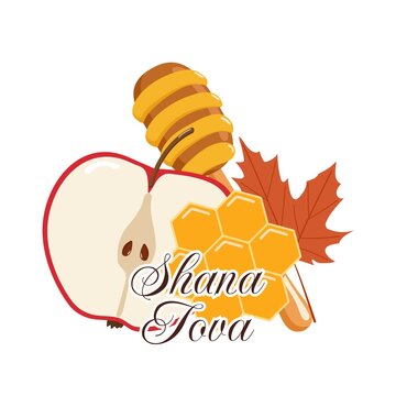 A vibrant Rosh Hashanah card featuring a sliced apple, golden honey, honeycomb, and autumn leaves &mdash; all symbols of sweetness, blessings, and renewal. Perfect for sharing heartfelt wishes and starting 