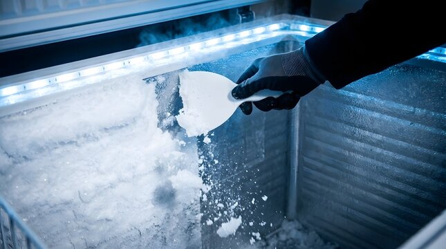 Hand wearing a glove scraping thick white ice from a blue lit chest freezer using a white plastic scraper tool