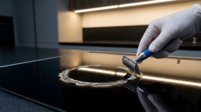 Gloved hand using a safety razor to scrape burnt food residue off a black glass induction cooktop in a kitchen