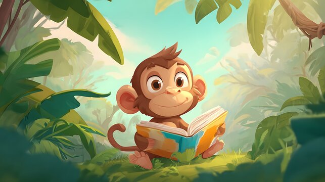 Cute cartoon monkey reading a book in a lush jungle educational concept for childrens stories and learning vibrant illustration