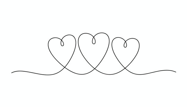 Continuous line drawing of three connected hearts representing love, family, romance, and friendship on white.