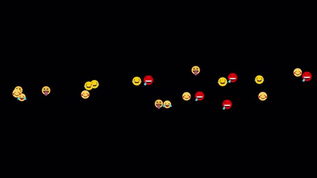 Cheerful emoji characters featuring laughter, smiles and funny reactions float dynamically to add humor and positive energy to digital content.