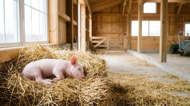 Cute piglet sleeping on straw in barn for agriculture design