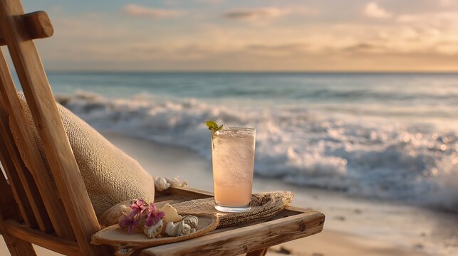 Luxury Spa Still Life with Champagne Bottle on a Tropical Beach, Relaxing Summer Wellness Setting by the Ocean, Golden Sand, Blue Sea and Peaceful Vacation Atmosphere