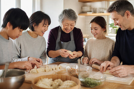 Multigenerational Family Making Vegetable Dumplings
