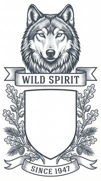 Vintage wolf head crest emblem with oak leaves and a blank shield with ribbon banners for text
