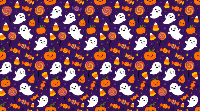 Cute Halloween seamless pattern with ghosts, pumpkins, and candy corn on purple background. Spooky knit texture. Spotty sweet treat design for fabric, wrapping