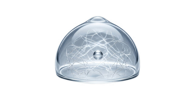 Glass dome lid with abstract glowing light trails inside on transparent background.