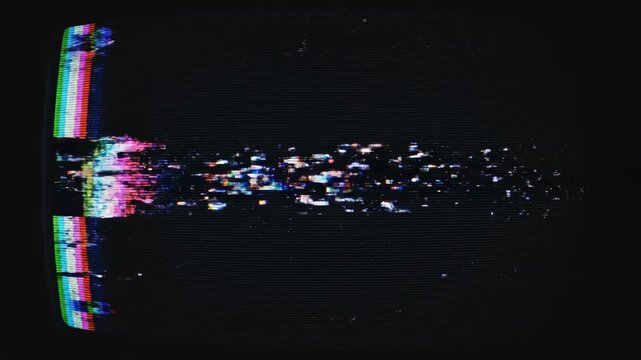 Retro CRT Glitch with Color Bars and Analog Noise on Black Background for Vintage Video Projects.