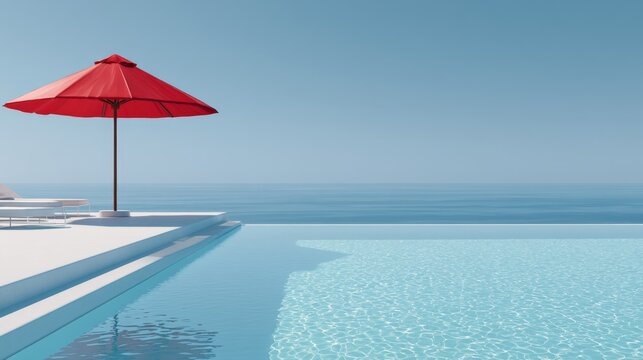 Luxury infinity pool with red umbrella overlooking calm ocean and clear blue horizon