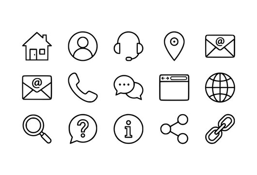 Website contact thin outline icon pack with email phone location and online support symbols