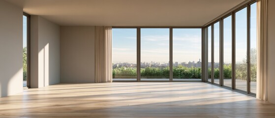 Fototapeta premium Empty modern apartment interior with floor to ceiling windows and panoramic city view