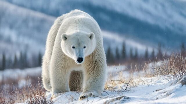 Polar bear walking through snowy landscape showcasing its majestic presence in the wild, emphasizing the beauty of nature and wildlife conservation efforts for this iconic species.
