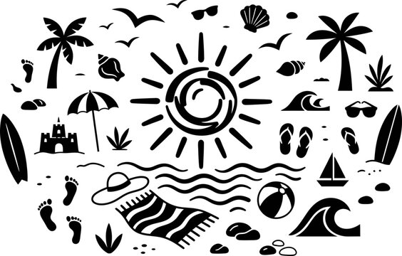 A collection of tropical symbols depicting vacation themes featuring palm trees and sunshine and ocean waves and sandy shores and leisure activities for seasonal holiday travelers worldwide today