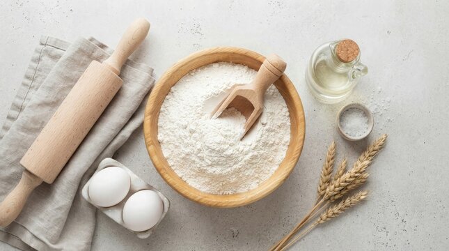 Top view of a wooden bowl filled with white flour for baking delicious homemade food on a light background