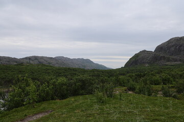 Fototapeta premium Mountain landscape showing Norwegian and Russian wilderness separated by the Jakobselv River near the border.